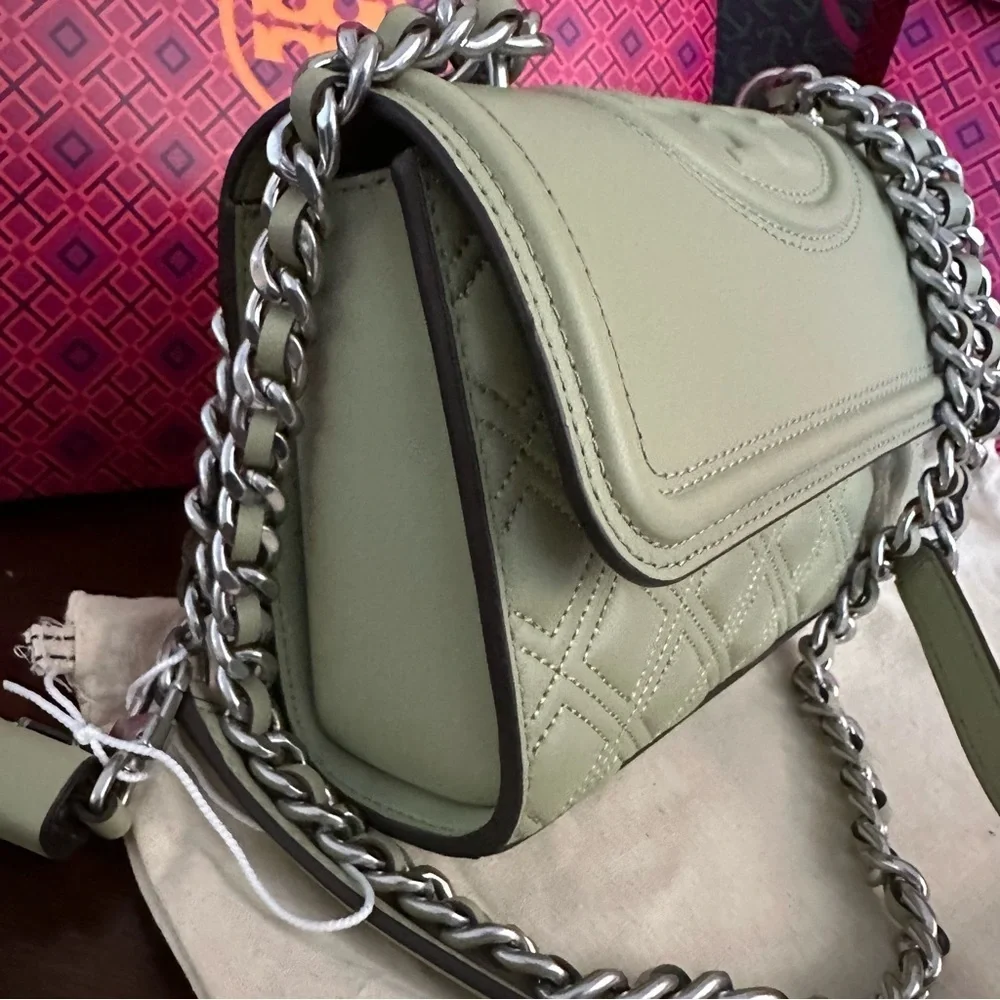 Tory Burch Olive Green Quilted Leather Shoulder Bag with Chain Strap